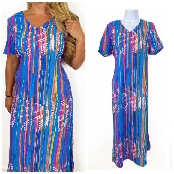 VINTAGE 80s STOCK OPTIONS Bohemian Retro MIDI Dress Lightweight Abstract Blue Lg - Picture 1 of 7